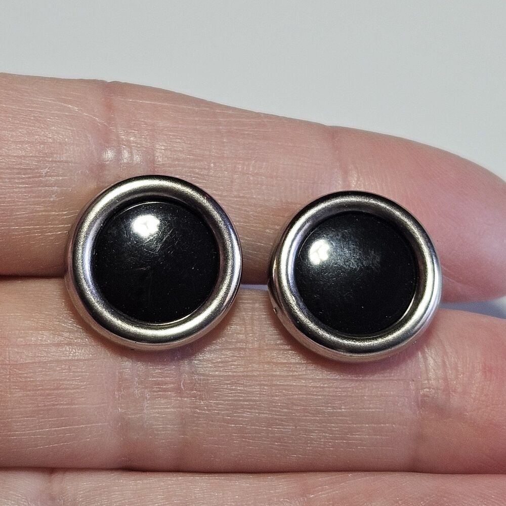 Vintage Silver Tone Circular Cufflinks With Black